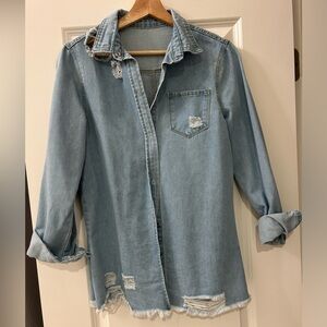 Denim distressed button up top